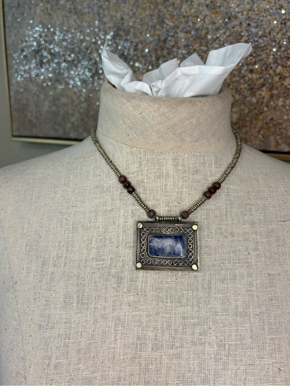 Vintage Lapis Lazuli Boho Tribal Statement Necklace Mixed Metal Wood Beads